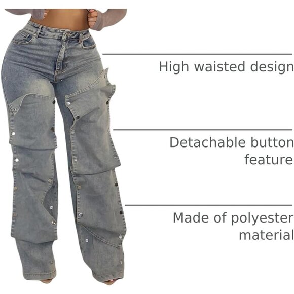 Women Cargo Jeans High Waisted Straight Wide Leg Denim Pants Casual Trendy - Picture 4 of 6